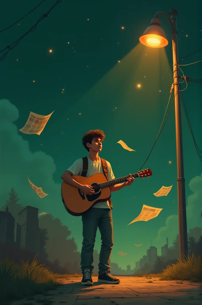 A young man stands quietly under a streetlight with a guitar as the light falls on him. And the stars are visible in the green sky and newspapers are blowing in the wind