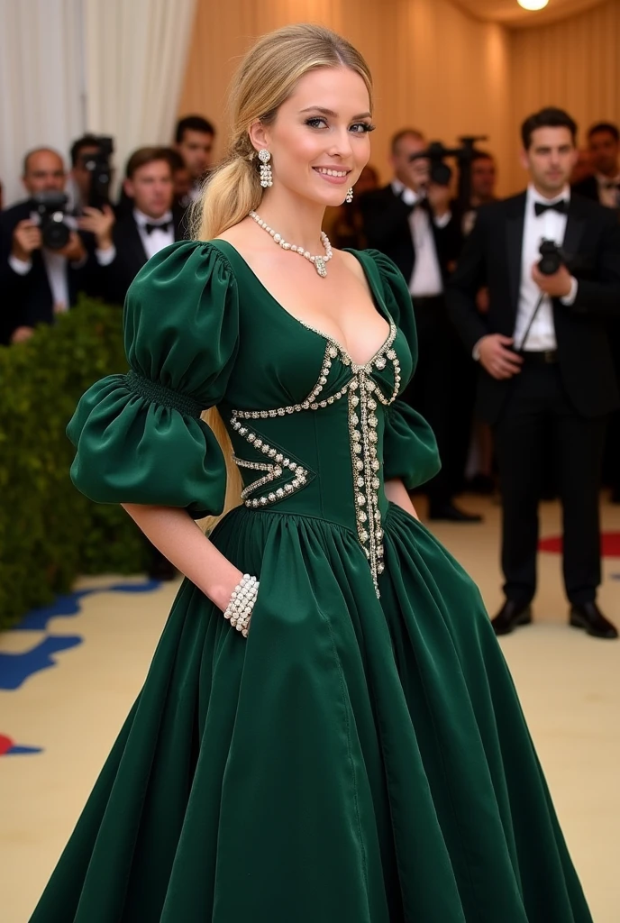 New York MET GALA event, dress core XIX century ancient, blonde model, paparazzi behind, complete dress, dark green dress, extravagant dress, pearls, many accessories. same dress for all photos, same dress three photos, same dress