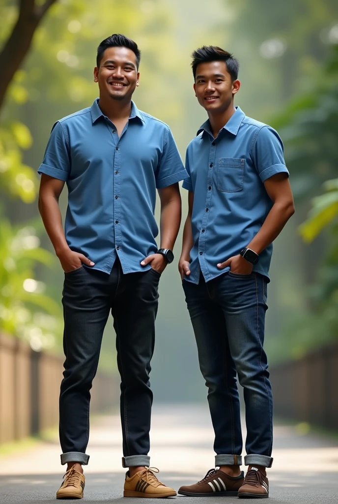 please make me a realistic photo of a 2 Indonesia man ((full body)) standing outdoors view facing the viewer. This guy was wearing a blue shirt with buttons, dark jeans torn with rolled ends, and light brown Adidas samba shoes. An iPhone smartwatch is seen on the person's left wrist.