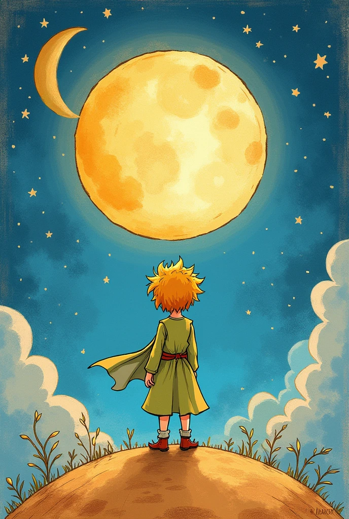 Create an image of the cover of the little prince that has the moon and the sun, and that the character is the same and does not change That is above the moon, that it is more scribble like the book, that is not real, I take it as if it were pencil and colors, that is very similar to the original cover