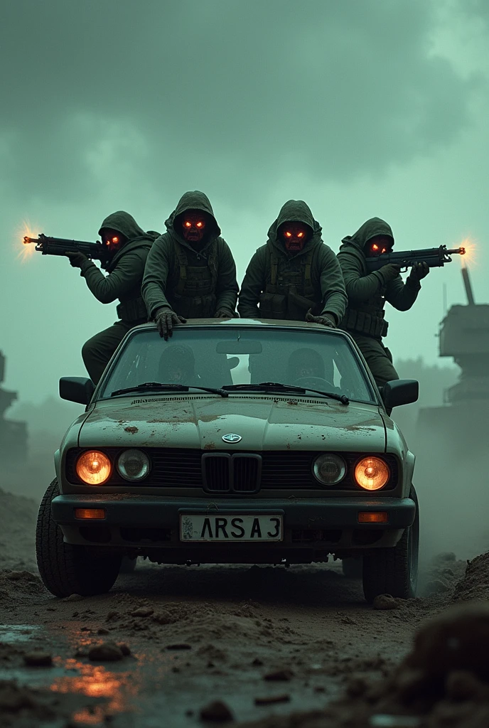 4 soldiers looking like demons holding glowing guns in a car have "ARSA" written on number plate of car in a battlefield.
