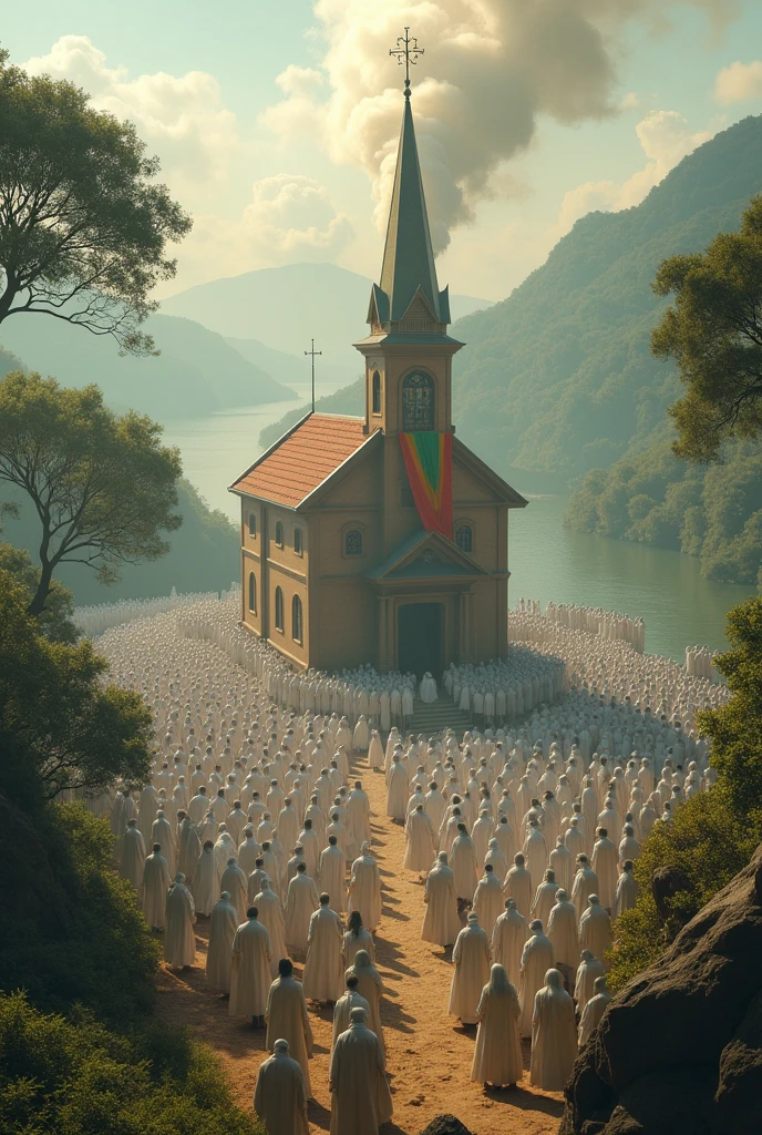 an Ethiopian church, surrounding water, large number prayers surrounding the church, wearing white Cotton cloth, a flag of red yellow and green hanging over the prayers,smoke come from the church towards the people