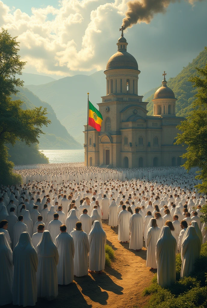 an Ethiopian church, surrounding water, large number prayers surrounding the church, wearing white Cotton cloth, a flag of red yellow and green hanging over the prayers,smoke come from the church towards the people