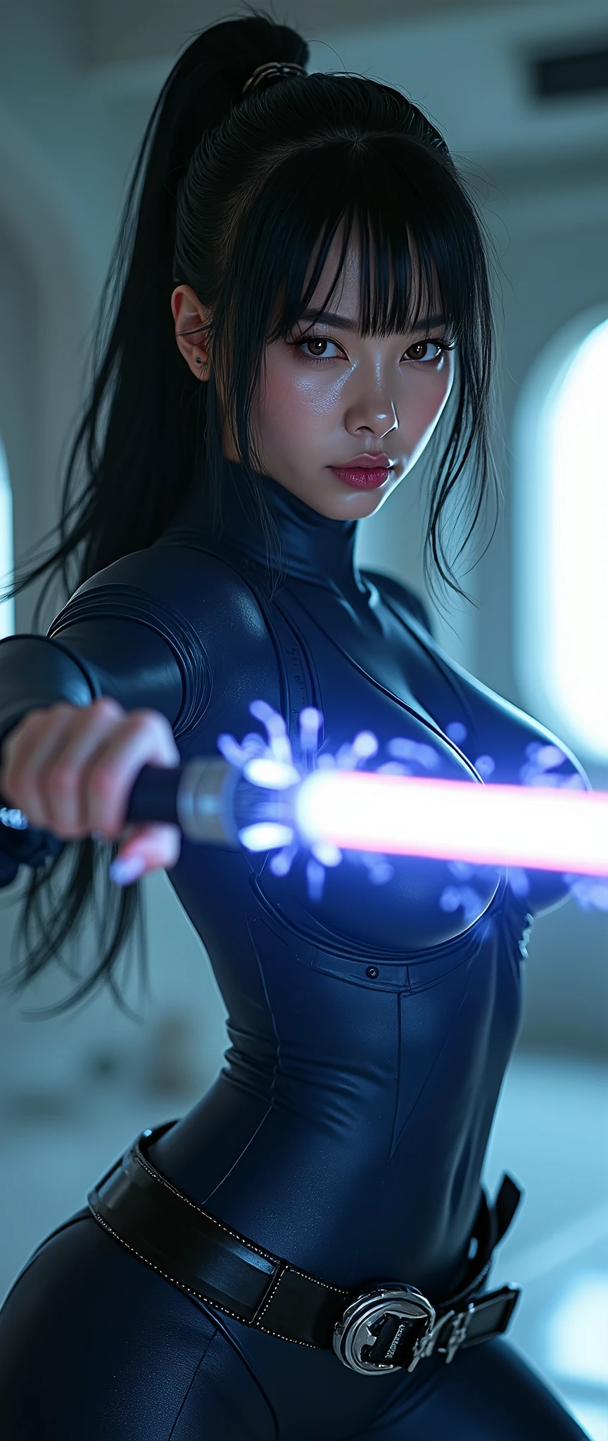 (masterpiece:1.2,Exceptional Quality,mirror-like,Cinematic Experience,Photorealistic:2.0,RAW Photos:2.0),Ultra-high resolution,Super detailed,8k,wallpaper,BREAK(Good ???????:1.2),(Slutty Makeup:0.5),(Muscular:2.0),(1 female),Black Hair,(Large breasts:2.0), (Elegant body:2.0),(Beautiful Eyes,Sparkle in the eyes,Detailed face,Beautiful skin texture:1.3,Beautiful Hair:1.3),(Beautiful female hands:2.0),(Detailed hands:2.0),(Hold the plasma saber and let out a strong electrical discharge.:2.0),(Samurai Stance:2.0),BREAK(He wears a navy blue tight bodysuit reminiscent of samurai armor.:2.0),(The background is the interior of a space fortress:2.0),(Super sexy:2.0),(Very thick thighs:2.0),(Super sensual:2.0),(cyber punk:2.0),(sf:2.0),(VFX:2.0),(Upper body close-up:2.0),(dynamic:2.0),(Serious:2.0)