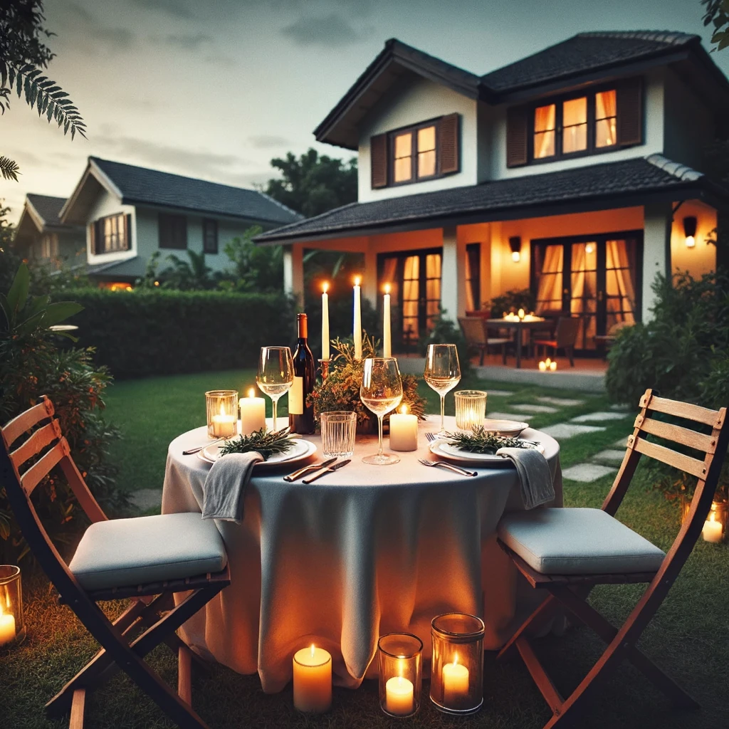 Table set for a romantic candlelit dinner on the porch of a house