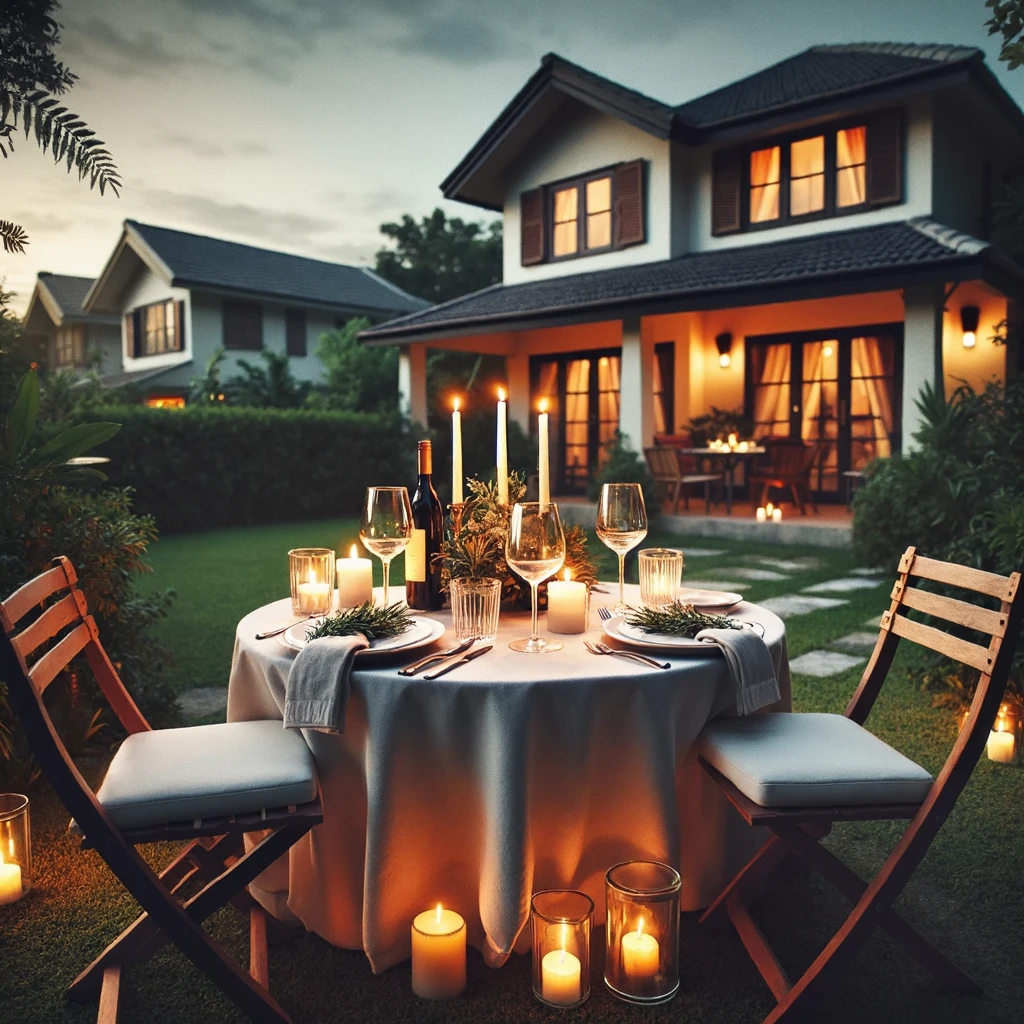 Table set for a romantic candlelit dinner on the porch of a house
