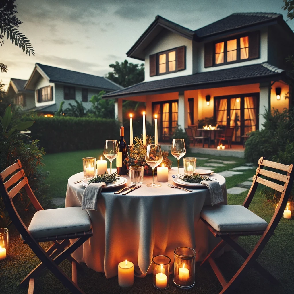 Table set for a romantic candlelit dinner on the porch of a house