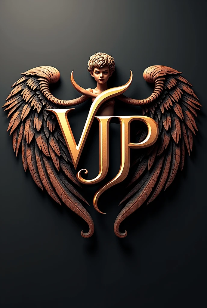 A logo with the name  *vip*, looking like the Victoria secrets font with angel and devil wings and an altar boy, 3 d