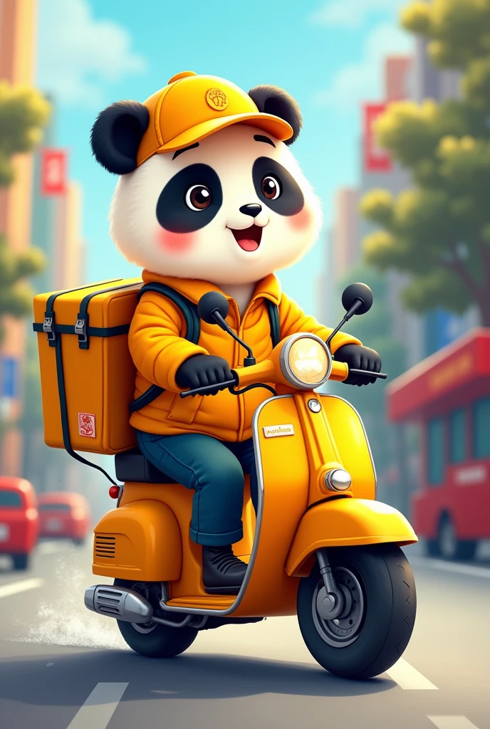 Little Panda Bear, with yellow uniform, with a super economical name, drawing. riding a motorbike, with a delivery backpack on his back