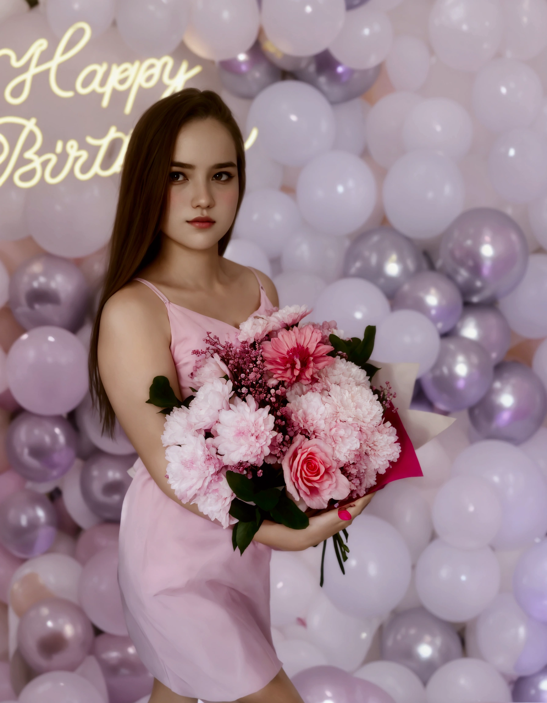 Beautiful girl with flowers, girl against the background of balloons 