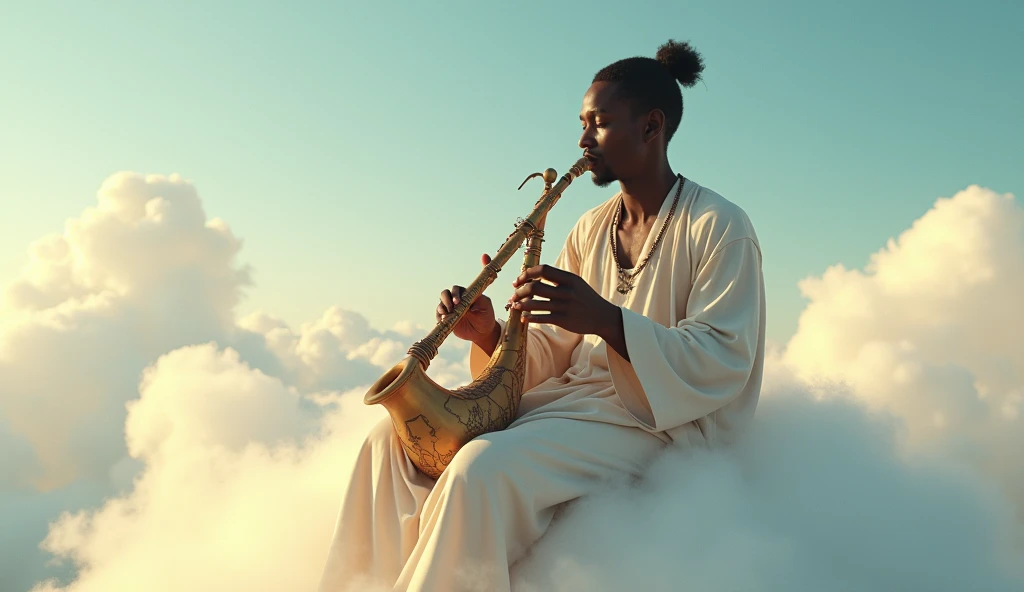 A Black young man playing a traditional wind instrument sitting on a cloud