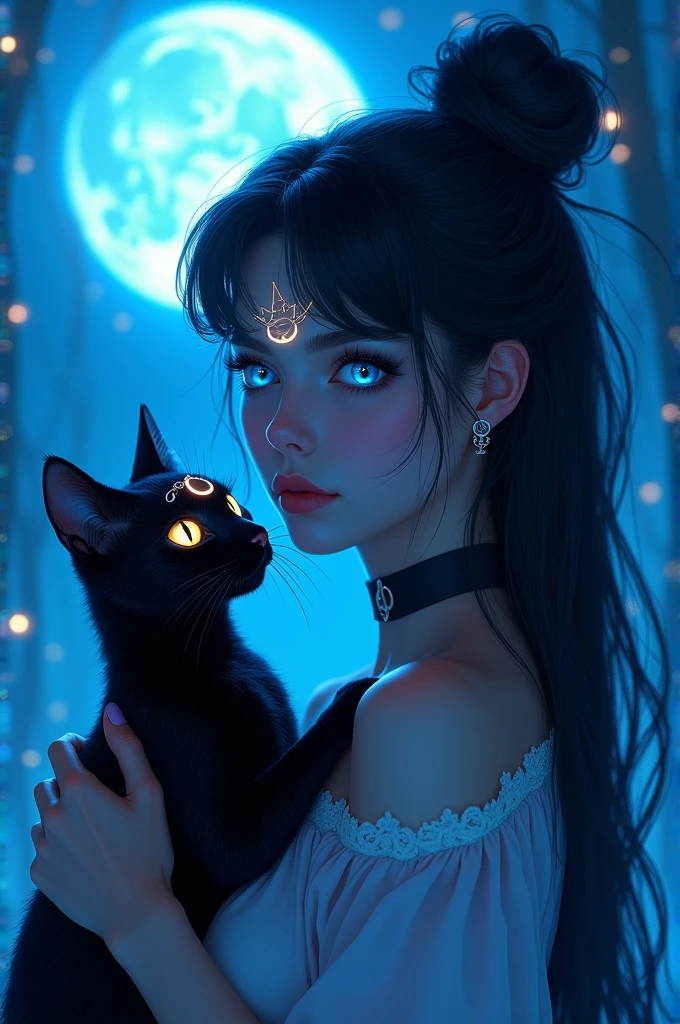 (haute résolution, chef-d'œuvre : 1,2), (réaliste : 1,37), (meilleure qualité, haute résolution, ultra-détaillée, réaliste), fantaisie sailor Moon humaine, sous la lune bleue , avec son chat noir Luna et son croissant de lune sur le front . (Ses yeux radieux : 1,6), hypnotiques et perçants, capturent l'essence d'une reine démoniaque. Les détails de son visage, méticuleusement travaillés, L'atmosphère qui l'entoure est remplie d'une aura d'un autre monde, baignée d'un mélange de néons et d'ombres. Le décor ressemble à une scène de film, avec des allusions à un monde divin. Cette création se présente en portrait corps entier avec le chat, se concentrant sur sailor Moon et son chat captivant de la déesse, la représentant comme une présence captivante et redoutable dans les royaumes de la lumière, le plus beau visage de l'univers, visage érotique, visage sensuel, (NSFW : 1,3)