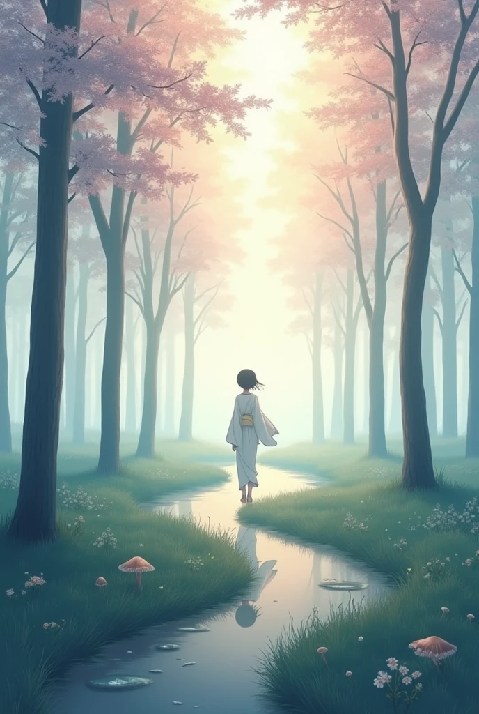 Create an aesthetic anime-style wallpaper capturing a dreamy morning in a peaceful, foggy forest. The scene should feature a narrow path covered in soft, dewy grass, winding through tall, slender trees with delicate, pastel-colored leaves. The early morning light is muted, with soft rays of sunlight breaking through the mist, casting a gentle, ethereal glow over the landscape. The air is filled with a sense of calm, and the atmosphere is quiet and contemplative. Along the path, subtle touches of nature's beauty are tered—tiny mushrooms growing at the base of trees, and delicate wildflowers with muted tones of pink, lavender, and white.

In the background, a small, tranquil pond reflects the misty trees, its surface slightly rippling from a light breeze. A lone figure in the distance, dressed in a flowing, pale kimono, walks slowly along the path, their silhouette blending softly into the mist. The colors should be soft and harmonious, with a focus on pastel tones and gentle contrasts, creating a soothing, almost nostalgic vibe. The overall composition should evoke a sense of quiet solitude and introspection, making it an aesthetically pleasing and serene scene, perfect for a viral anime reel.