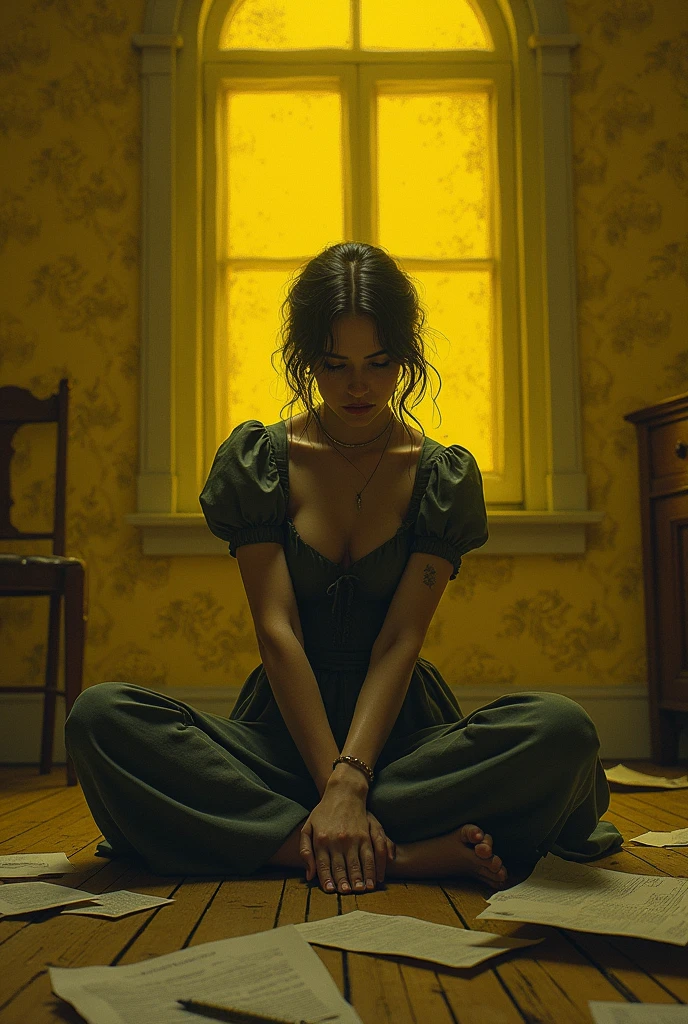 A Victorian housewife sitting captive in room of yellow wallpaper and one small window which is the only source of light. She's agitated and depressed and a little unorganised