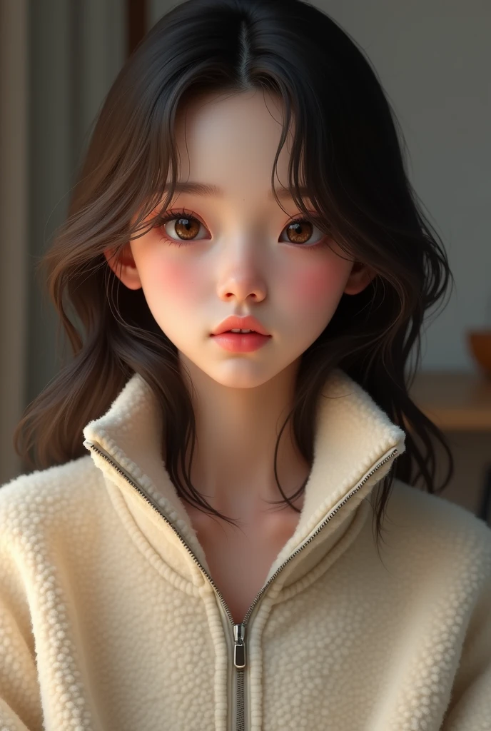 a realistic girl wear a fuzzy halfzip Fleecepullover