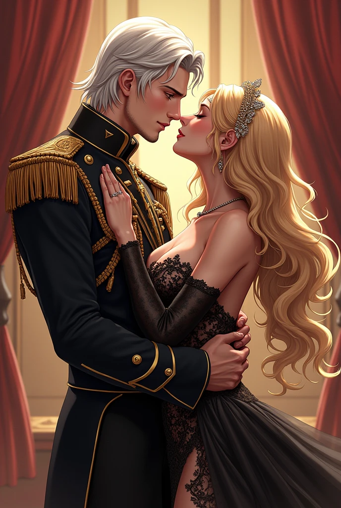 I would like to get an anime-style image of a couple, consisting of a tall, stately, masculine, athletic, charismatic man with long platinum hair, wearing an antique long military uniform, he kisses an incredibly curvy young femme fatale with long golden hair, dressed in a luxurious black and gold dress, tiara, jewelry on the forehead.