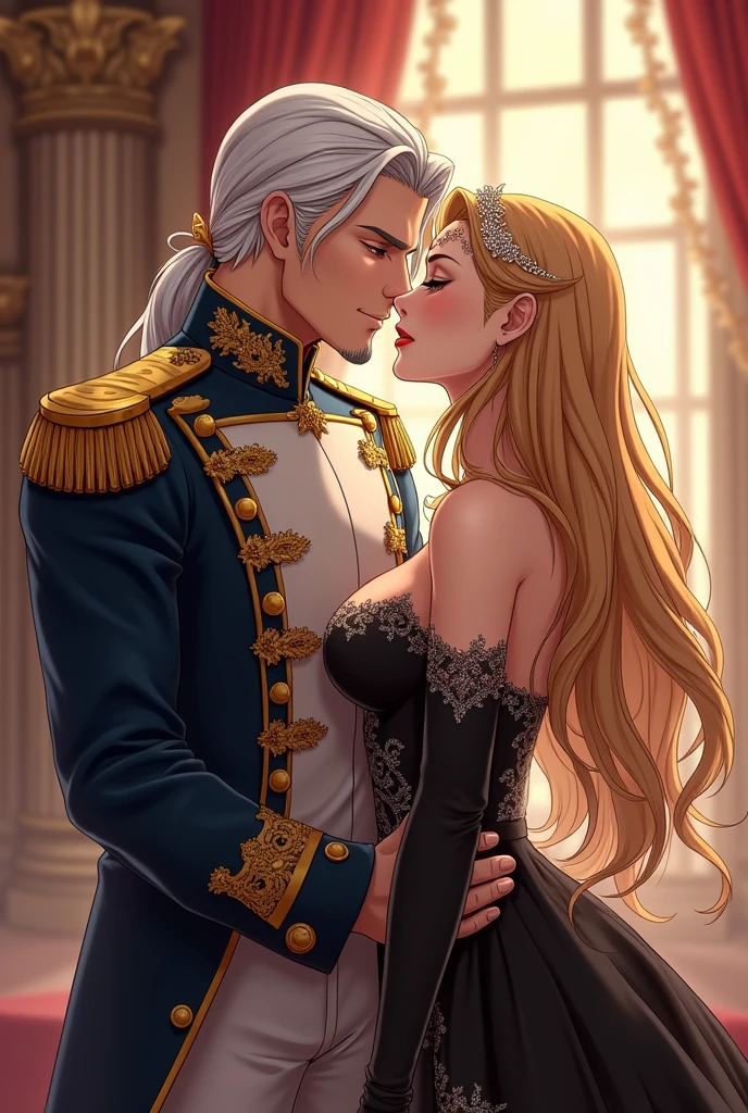 I would like to get an anime-style image of a couple, consisting of a tall, stately, masculine, athletic, charismatic man with long platinum hair, wearing an antique long military uniform, he kisses an incredibly curvy young femme fatale with long golden hair, dressed in a luxurious black and gold dress, tiara, jewelry on the forehead.