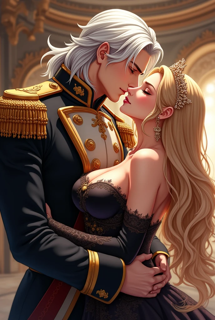 I would like to get an anime-style image of a couple, consisting of a tall, stately, masculine, athletic, charismatic man with long platinum hair, wearing an antique long military uniform, he kisses an incredibly curvy young femme fatale with long golden hair, dressed in a luxurious black and gold dress, tiara, jewelry on the forehead.