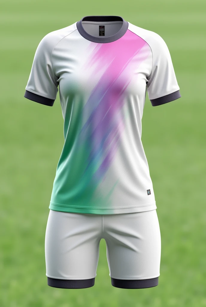 Hello, design me a uniform for a women's soccer team that has a white background on the shirt and shorts. , and colors in pink gradient, light green and light purple