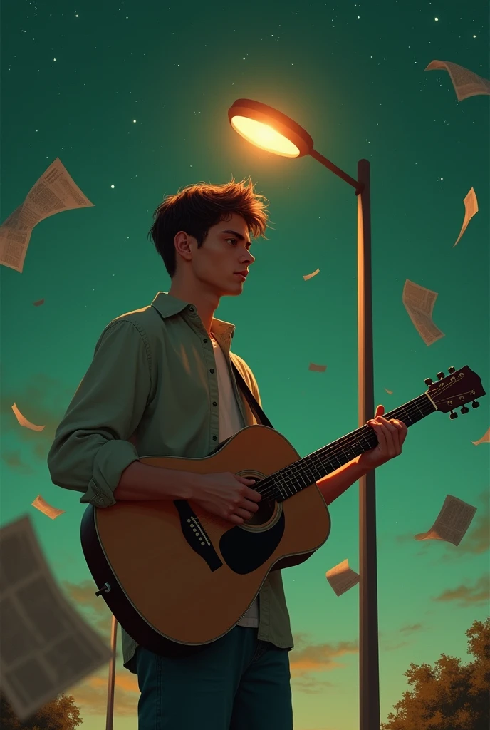 A young man stands quietly under a streetlight with a guitar as the light falls on him. And the stars are visible in the green sky and newspapers are blowing in the wind