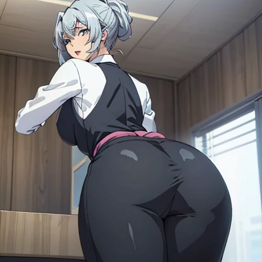 The prompt: (best quality, 8k, 32k, masterpiece:1.2), 1 girl, beautiful Japanese woman, toned waist, grey suit, white shirt, office lady, suit, georgette pants, from behind, office room, desk, (slightly sticking out buttocks:1.2), detailed face, short hair, In this high-quality artwork, a beautiful Japanese woman is depicted wearing a grey suit with a white shirt. She exudes professionalism and confidence as an office lady. The scene is set in an office room, with a desk in the background. The woman is seen from behind, showcasing her toned waist and the perfect fit of her suit. Her georgette pants give a touch of elegance and sophistication to her outfit. The focus of the artwork is on the woman's detailed face. She has short hair that frames her face beautifully. The artist has paid attention to every intricate detail, capturing her beauty and grace. Additionally, her slightly sticking out buttocks enhance her feminine silhouette. The overall image quality is of the highest standard, with a resolution of 8k or even 32k. The artwork is considered a masterpiece, created with utmost precision and artistry. The composition is meticulous, ensuring every aspect is portrayed with clarity and realism. The art style chosen for this piece leans towards portraiture, emphasizing the subject's beauty and capturing her essence as a Japanese office lady. The color palette used in the artwork is harmonious and complementary, enhancing the overall aesthetics. To further enhance the visual experience, the lighting is meticulously crafted, showcasing the woman's features and adding depth to the scene. The artist has applied professional techniques to create a lifelike image, with sharp focus and vivid colors