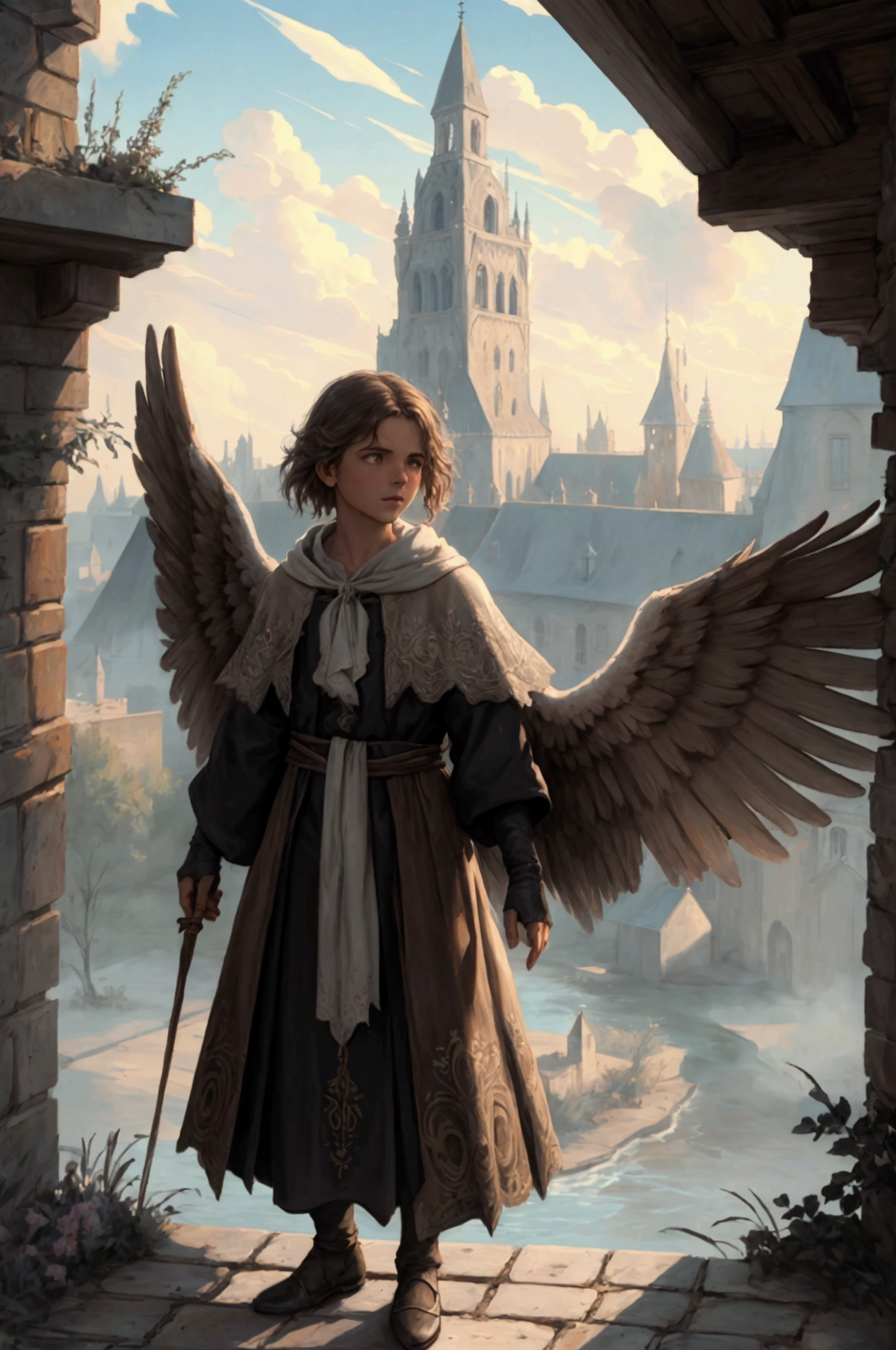 Un ange déchu avec de grandes ailes sombres légèrement déchirées, agenouillé sur le sol craquelé et fissuré dans un paysage désolé, la tête baissée de chagrin avec des larmes sur son visage, avec des croix en arrière-plan. Illustration a la peinture à l'huile style, réalisme dramatique style de Greg Rutkowski. Eclairage doux, couleurs atténuées, arrière-plan texturé.