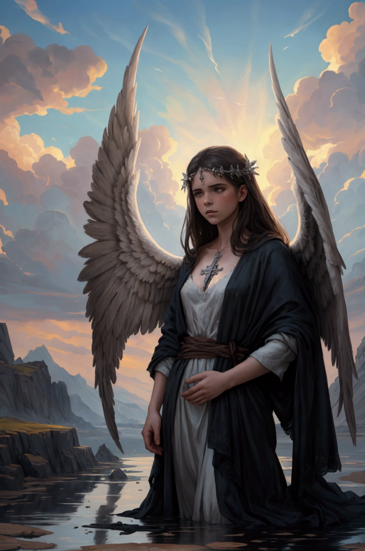 Un ange déchu avec de grandes ailes sombres légèrement déchirées, agenouillé sur le sol craquelé et fissuré dans un paysage désolé, la tête baissée de chagrin avec des larmes sur son visage, avec des croix en arrière-plan. Illustration a la peinture à l'huile style, réalisme dramatique style de Greg Rutkowski. Eclairage doux, couleurs atténuées, arrière-plan texturé.