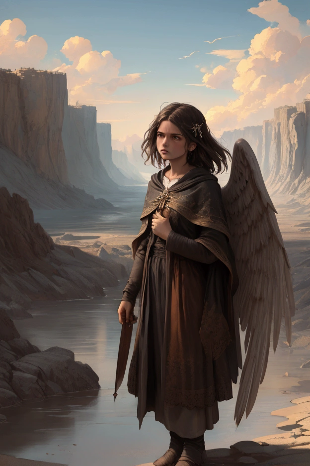 Un ange déchu avec de grandes ailes sombres légèrement déchirées, agenouillé sur le sol craquelé et fissuré dans un paysage désolé, la tête baissée de chagrin avec des larmes sur son visage, avec des croix en arrière-plan. Illustration a la peinture à l'huile style, réalisme dramatique style de Greg Rutkowski. Eclairage doux, couleurs atténuées, arrière-plan texturé.