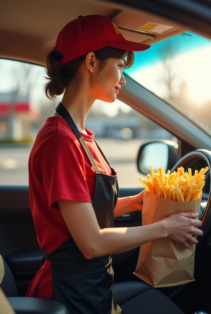 Viewpoint: From inside the car waiting at the drive-thru.
Context: A sunny day at the McDonald's drive-thru.
Character: A 50-year-old woman with short-cropped brown hair. She is generously bosomed and wears the iconic McDonald's uniform, a red t-shirt and black apron. Her hair is tied back under a McDonald's cap.
Action: As your car pulls up to the drive-thru, she approaches the window with a big smile. She holds out a bag full of orders, her gestures full of enthusiasm. The enticing smell of fries and burgers wafts through the air.
Style: Realistic, realistic photo.