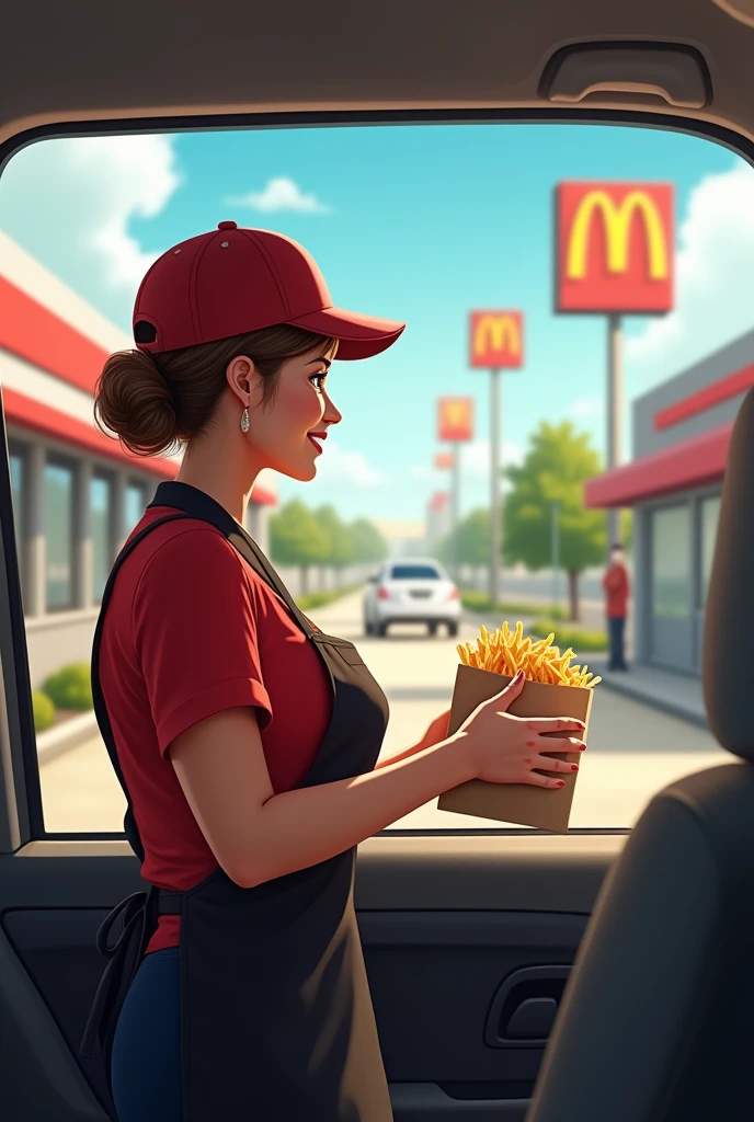 Viewpoint: From inside the car waiting at the drive-thru.
Context: A sunny day at the McDonald's drive-thru.
Character: A 50-year-old woman with short-cropped brown hair. She is generously bosomed and wears the iconic McDonald's uniform, a red t-shirt and black apron. Her hair is tied back under a McDonald's cap.
Action: As your car pulls up to the drive-thru, she approaches the window with a big smile. She holds out a bag full of orders, her gestures full of enthusiasm. The enticing smell of fries and burgers wafts through the air.
Style: Realistic, realistic photo.