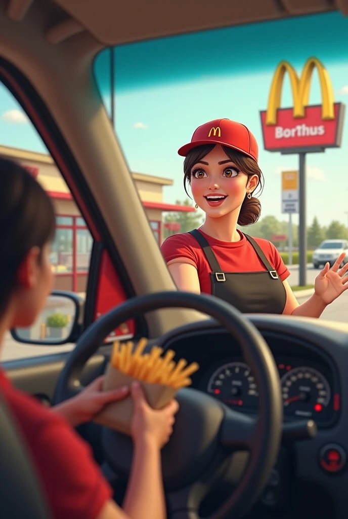 Viewpoint: From inside the car waiting at the drive-thru.
Context: A sunny day at the McDonald's drive-thru.
Character: A 50-year-old woman with short-cropped brown hair. She is generously bosomed and wears the iconic McDonald's uniform, a red t-shirt and black apron. Her hair is tied back under a McDonald's cap.
Action: As your car pulls up to the drive-thru, she approaches the window with a big smile. She holds out a bag full of orders, her gestures full of enthusiasm. The enticing smell of fries and burgers wafts through the air.
Style: Realistic, realistic photo.