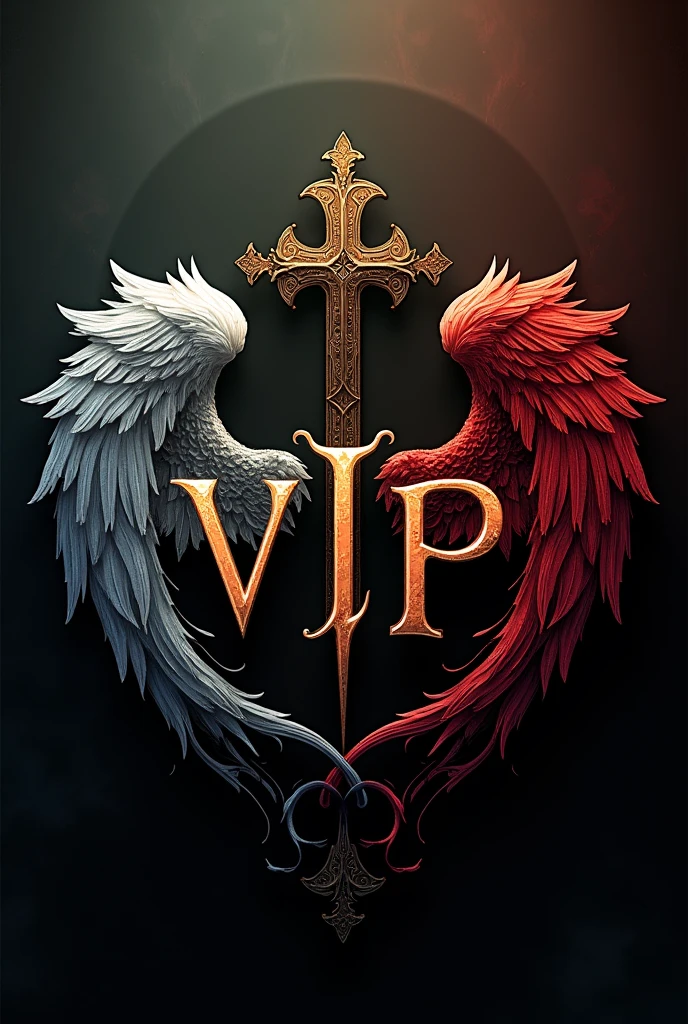 A logo with the name *vip*, looking like the Victoria secrets font with angel and devil wings and an altar boy