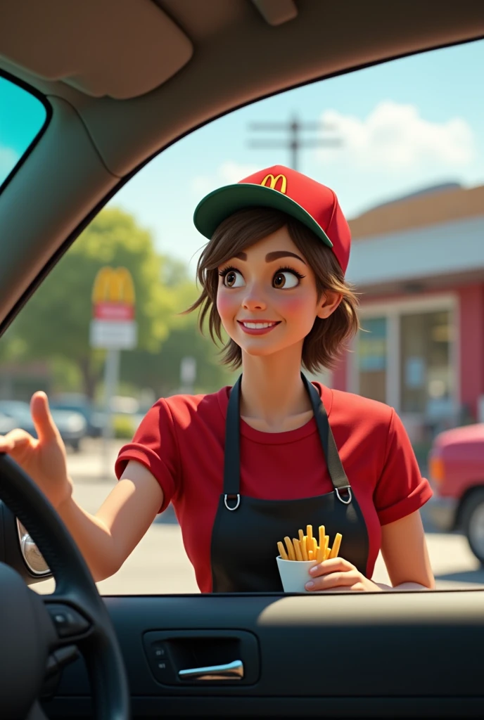 Viewpoint: From inside the car waiting at the drive-thru.
Context: A sunny day at the McDonald's drive-thru.
Character: A 50-year-old woman with short-cropped brown hair. She is generously bosomed and wears the iconic McDonald's uniform, a red t-shirt and black apron. Her hair is tied back under a McDonald's cap.
Action: As your car pulls up to the drive-thru, she approaches the window with a big smile. She holds out a bag full of orders, her gestures full of enthusiasm. The enticing smell of fries and burgers wafts through the air.
Style: Realistic, realistic photo.