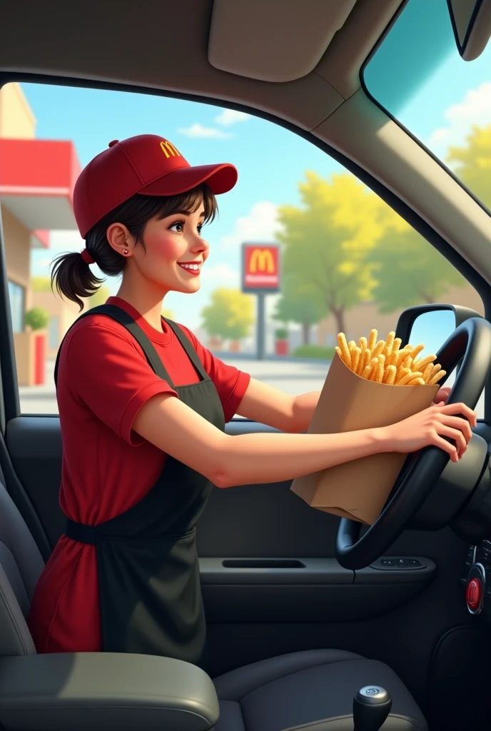 Viewpoint: From inside the car waiting at the drive-thru.
Context: A sunny day at the McDonald's drive-thru.
Character: A 50-year-old woman with short-cropped brown hair. She is generously bosomed and wears the iconic McDonald's uniform, a red t-shirt and black apron. Her hair is tied back under a McDonald's cap.
Action: As your car pulls up to the drive-thru, she approaches the window with a big smile. She holds out a bag full of orders, her gestures full of enthusiasm. The enticing smell of fries and burgers wafts through the air.
Style: Realistic, realistic photo.