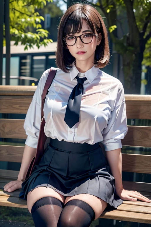 Realistic, High resolution, 1 female, Mature Woman, alone, Hip Up, Viewer Display, (Detailed face), (Short Bob)、(Glasses)、school uniform, mini skirt、Tight waist、Ample breasts、(Over the knee socks)、Sit on a bench、(Blouse wet in the rain)、(Girl in the rain)、bus stop、heavy Rain、(dark sky)、(Dark Background)、At dusk、Rain-soaked hair、Background blur, 