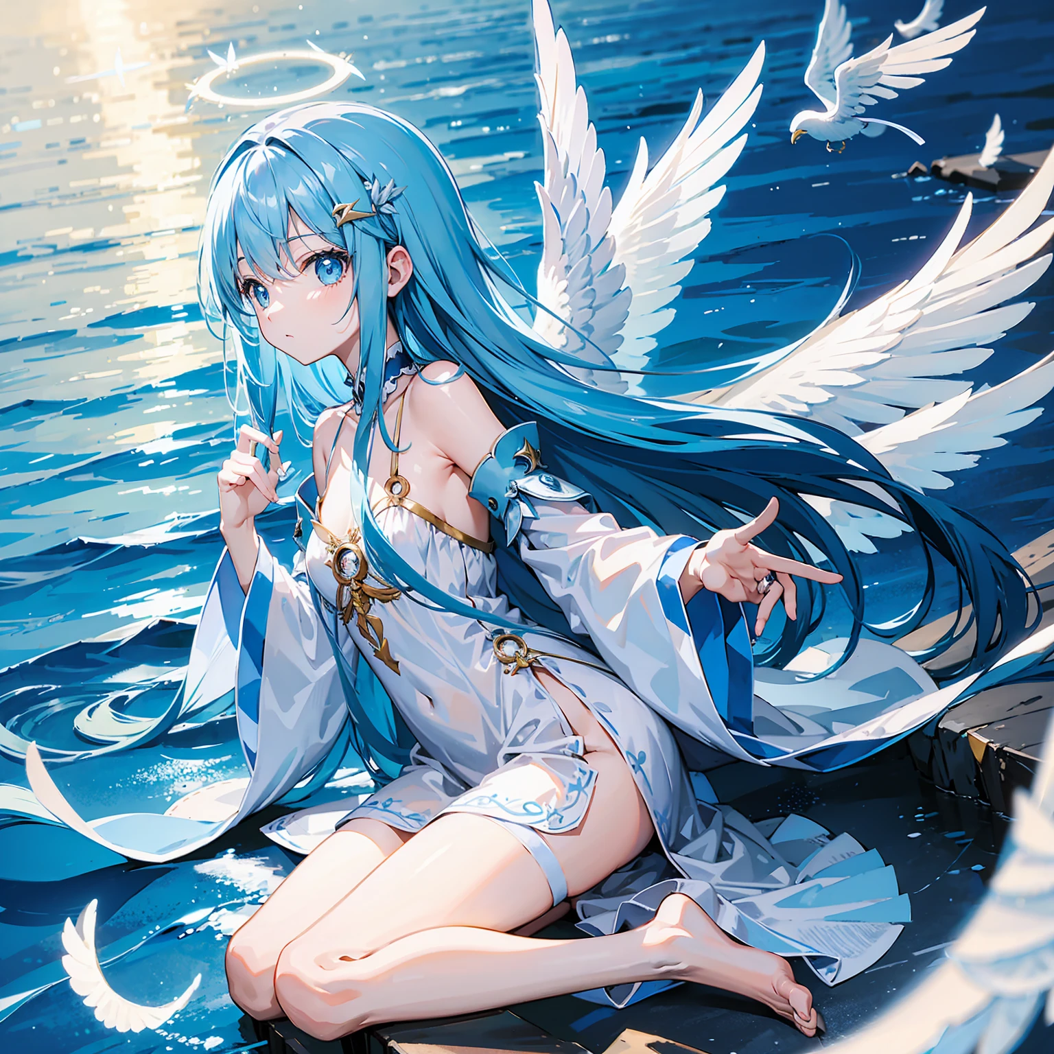 Long blue hair、Light wings on one side、Angel Halo、child、Light wings on one side、On the Sea