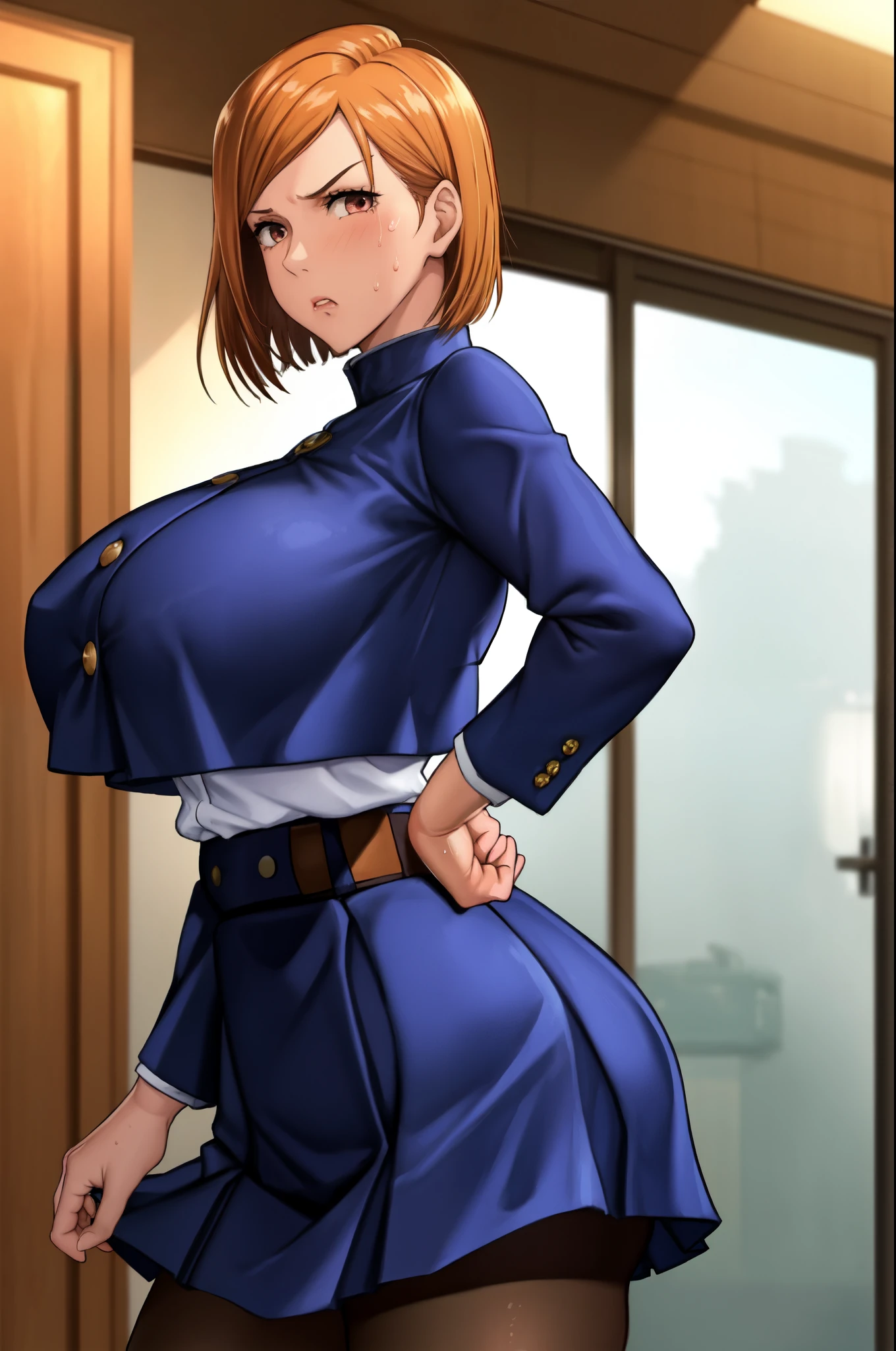 NobaraSU1,One girl, alone, short hair, Orange Hair, , Brown eyes, View Viewer, bangs, Cowboy Shot, skirt, Long sleeve, high-waist skirt, Angry face,Irritability,pantyhose, black pantyhose, Hourglass Shape, blue skirt,  turtleneck, Sweat drops, Hair behind the ear, (Blue jacket), Blue clothes,  belt,Shiny Hair, button, Crop top overhang,  Hourglass Shape,indoor,(thin_Waist:1.6),(narrow_Waist:1.4), Breaking the masterpiece, highest quality, Highly detailed background, perfect lightinghighest quality, ((Shiny skin, Shiny skin, Detailed skin)),(beautiful huge breast), huge fake tits, big ass, wide hips, thick thighs, busty,full bust,toned,((Clothed Big Tits))