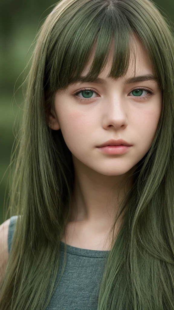 a girl. Europe. Extremely detailed face. Oval face. delicate facial features. half-closed eyes. long straight hair. messy hair. bangs. green hair. green eyes. shy expression