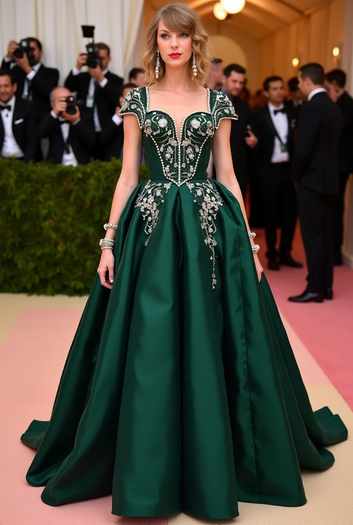 New York MET GALA event, dress core XIX century ancient,Taylor swift, paparazzi behind, complete dress, dark green dress, extravagant dress, pearls, many accessories. same dress for all photos, same dress three photos, same dress