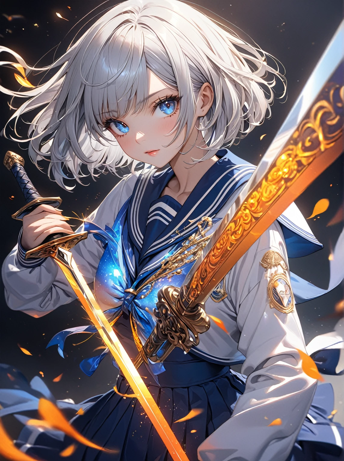 Ultra high resolution, rich colors, perfect image, top quality, detailed image, beautiful single woman, glowing skin, skin and clothing texture, delicate eyes, long sword, sailor suit silver hair bob, blue eyes
