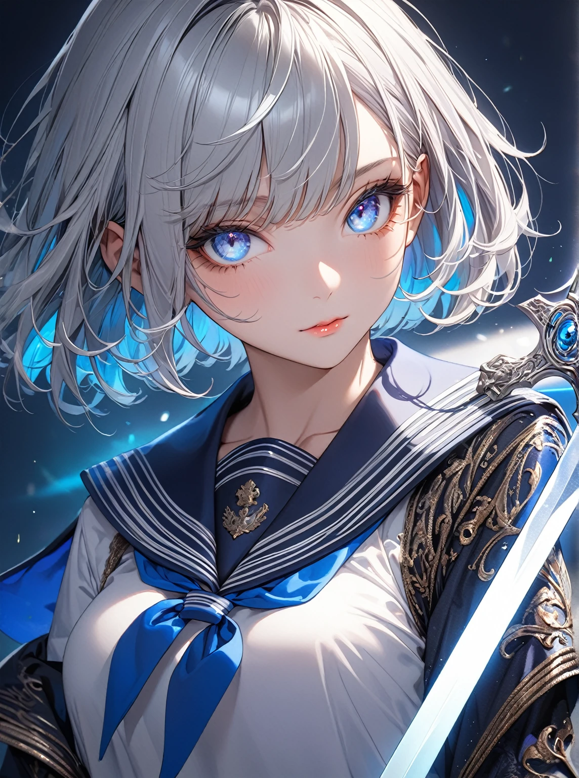 Ultra high resolution, rich colors, perfect image, top quality, detailed image, beautiful single woman, glowing skin, skin and clothing texture, delicate eyes, long sword, sailor suit silver hair bob, blue eyes