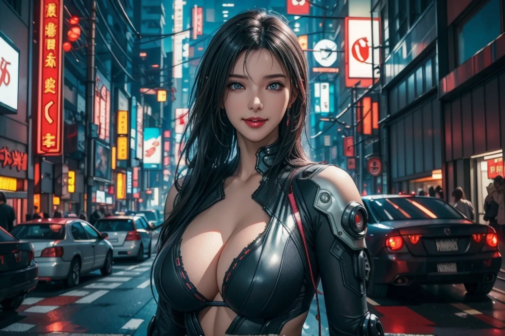 (cyberpunk world war 3), (RAW photo), (Realistic), (photo-realistic), ultra high resolution, masterpiece, highest quality, perfect lighting, detailed lighting, dramatic shadow, ray tracing, one Japanese beautiful girl, ((solo:1.2)), Voluptuous body, cleavage, symmetrical eyes, (((beautiful detailed eyes))), chubby lips, red lips, Super high resolution perfect beautiful teeth, big tits, big ass, big thick thighs, long straight hair, black hair, earrings, half open mouth, smiling, looking at viewer, (cyberpunk combat suit:1.2), upper body shot, cyberpunk street, night, neon lights,