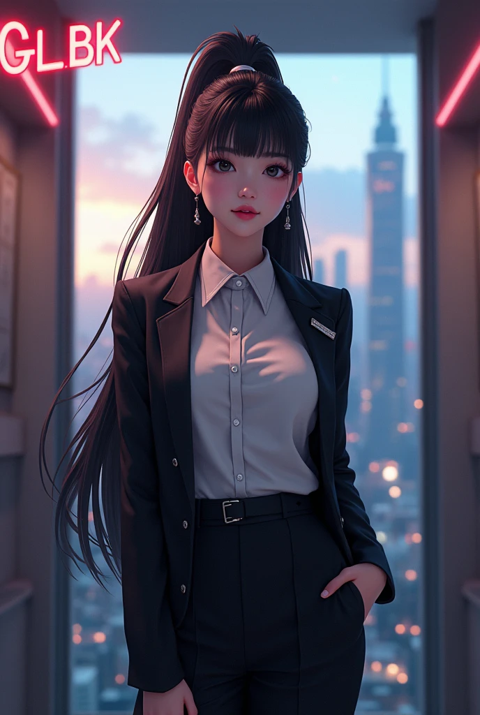 Create anime character;
{background: capital HD text: “GLBK” in center-top, sea}, white skin,
realistic, HDR, beautiful, donghua style, full body, age 20, office clothes, name card: “Cici”, female, black hair, long hair, pony hair, like mafia