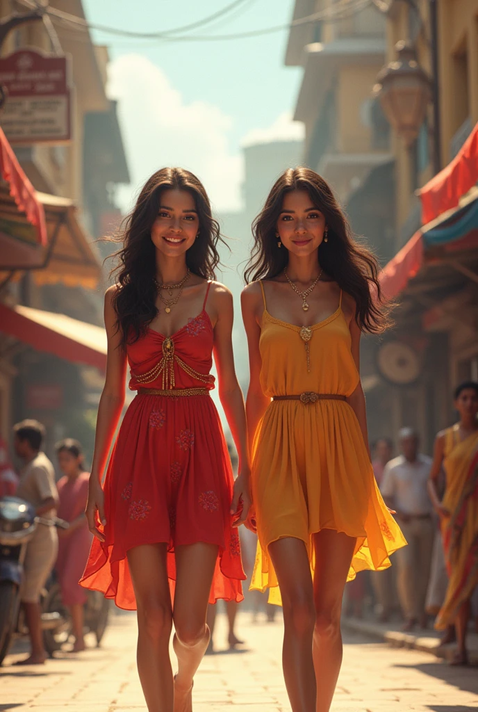 Two beautiful girl wearing short dress, walking on road in india.