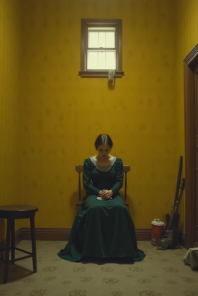 A Victorian housewife sitting captive in a big room of yellow wallpaper and one small window which is the only source of light. She's agitated and depressed and a little unorganised 