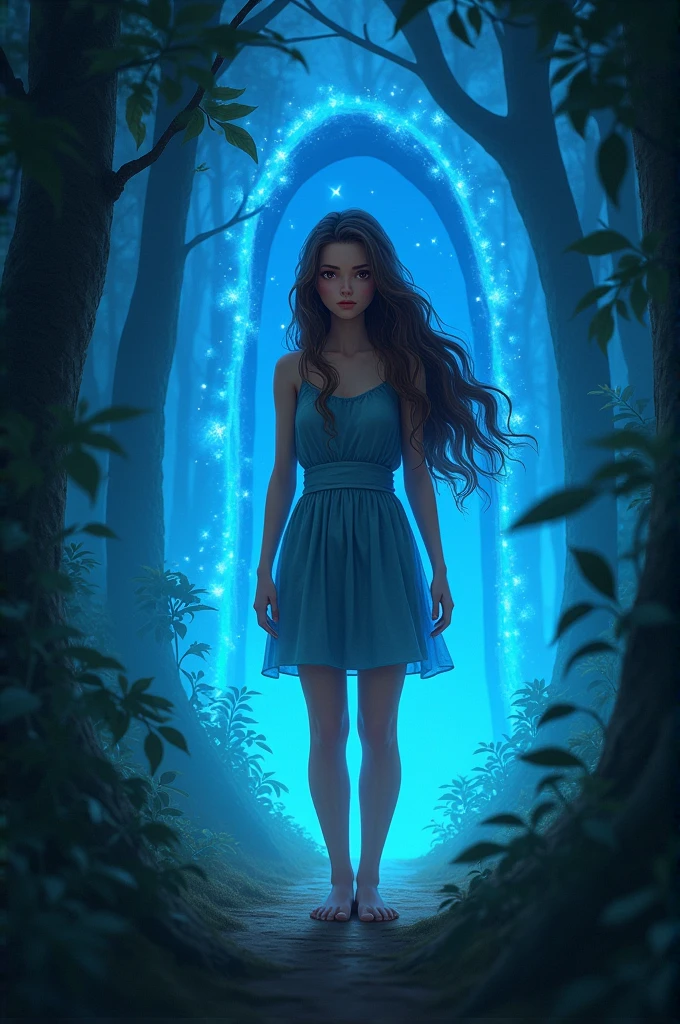 Create an image of a  girl standing in a dark black forest, where tall trees seem to envelop her in shadows. Her brown skin shines subtly under the soft light that filters through the leaves.. Her brown hair, long and wavy, cascades over her shoulders to her waist, gently moving in the breeze. Her brown eyes reflect a sparkle of curiosity and courage..

Behind her, A portal glows with intense blue light, creating a magical contrast with the darkness of the forest. This portal seems to vibrate with energy, as if it promises adventures and mysteries in a world beyond the one you know. The scene is captivating, filled with an air of magic and possibility.
