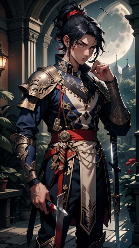 a young man holding sword, in the style of dark blue and light azure, 8k uhd, weapon, red eyes, flower, sword, holding sword, ponytail, moon, holding, black hair, piercing, sky, cloud, macro shot, warm navy color grading, bokeh, horror(Hair style:1.5)(detailed landscape:0.6)(feminim:1.2)(hand detailed:0.2)(background masterpiece:0.1)pt8011
