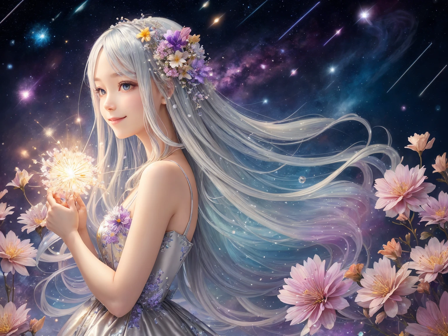 ((Silver colored hair、long hair)) ,((Wear a colorful floral satin dress)),Branch of delicate lilac flowers, Ultra-transparent, holy Light, beautiful spectral Light, Petals Shine, Blink,drops of transparent Light, reflective Light, bright, Light streaming in, Optics, Portrait Profile, Sharp focus, magic,Surreal, Fantasy, composition, Light, Art Station Trends, Pearl, Silvery steam guardian cloud, Corrosive Envelope Play Family, 8k, ((Cute smiling girl))、((background　Shooting stars, space and colorful flowers))、
