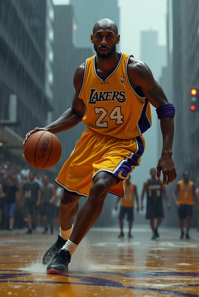 Kobe Bryant playing basketball on an outdoor court while its raining