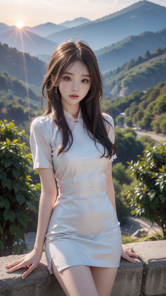 ulzzang-6500-v1.1, (RAW photo: 1.2), (Real photo), (Real photo: 1.4), 1 girl、Perfect anatomy、1、Looking at the camera、Medium length hair、Uniform sexy dress, watching the sunset, ((in the mountains: 1.1))、(Business service)、Asian eyes Ella,